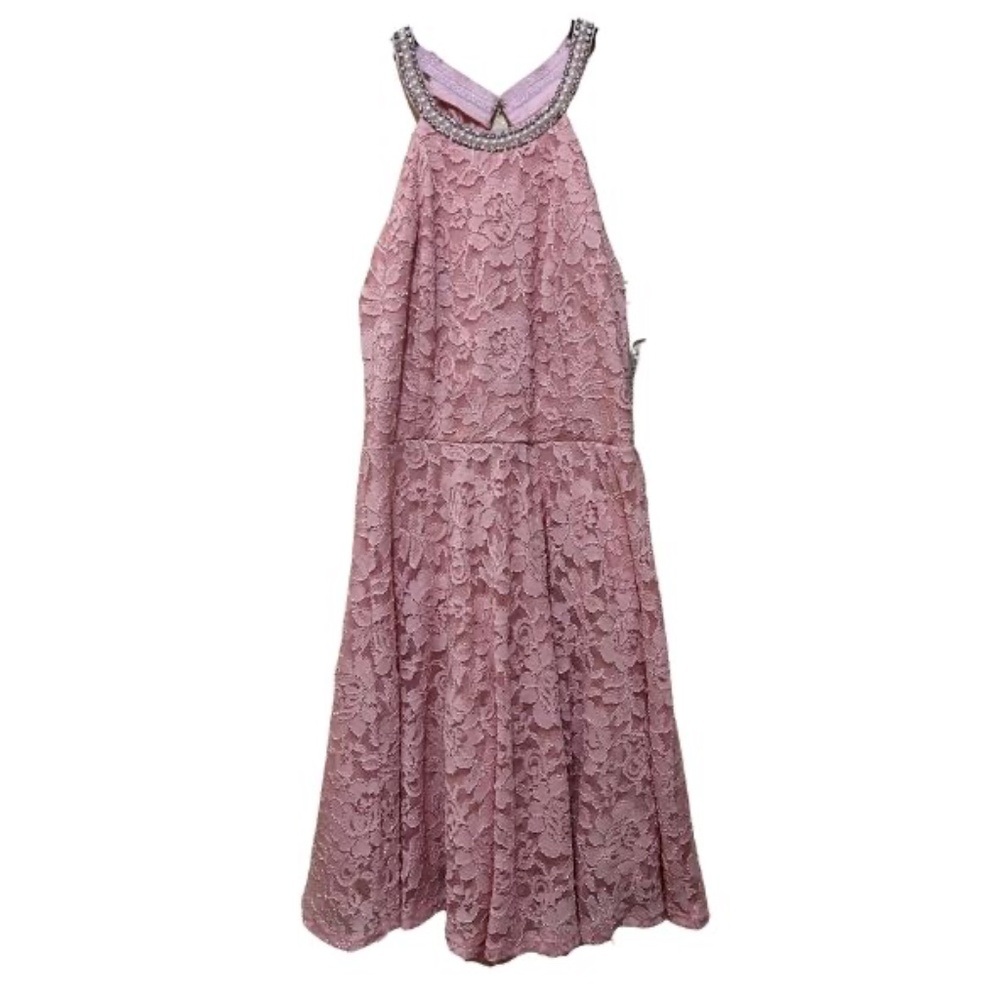 Pink Lace Dress with Rhinestones & "Pearls"